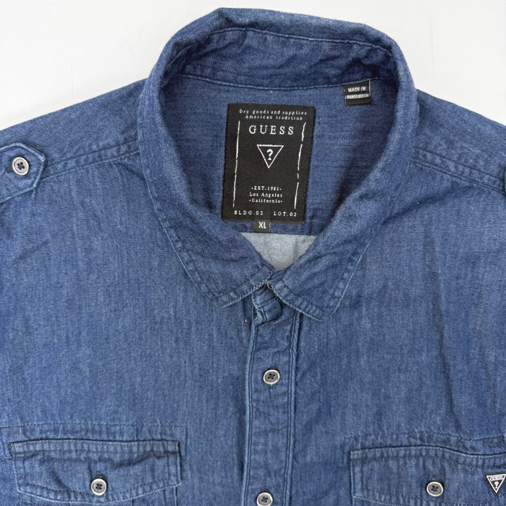 Guess Denim Shirt Mens XL Blue T2GJ54D4S70 Military Epaulets Short Sleeve
